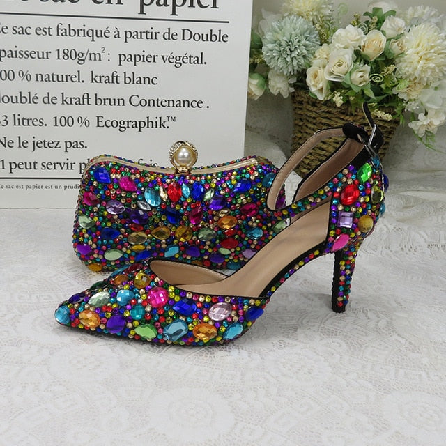 Women wedding shoes with matching bags Multicolored Crystal Thick High heels Ladies Party Dress shoes women Pumps super big size