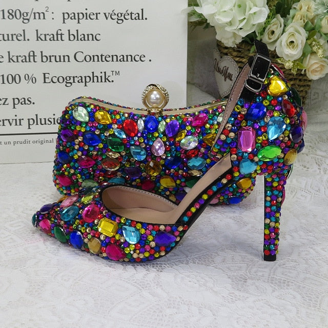 Women wedding shoes with matching bags Multicolored Crystal Thick High heels Ladies Party Dress shoes women Pumps super big size