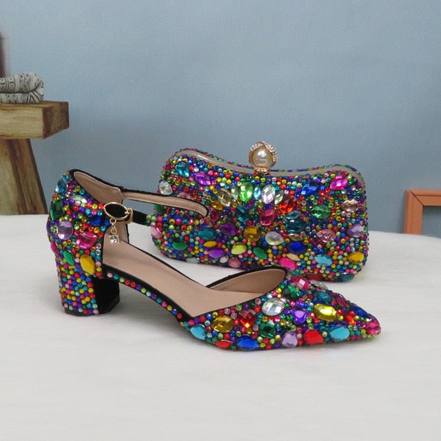 Women wedding shoes with matching bags Multicolored Crystal Thick High heels Ladies Party Dress shoes women Pumps super big size