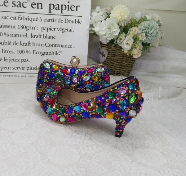 Women wedding shoes with matching bags Multicolored Crystal Thick High heels Ladies Party Dress shoes women Pumps super big size