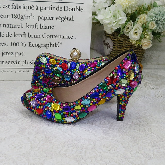 Women wedding shoes with matching bags Multicolored Crystal Thick High heels Ladies Party Dress shoes women Pumps super big size