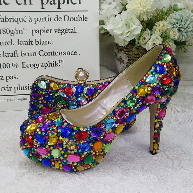 Women wedding shoes with matching bags Multicolored Crystal Thick High heels Ladies Party Dress shoes women Pumps super big size