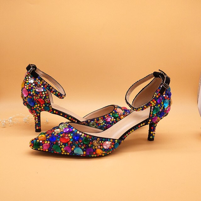 Women wedding shoes with matching bags Multicolored Crystal Thick High heels Ladies Party Dress shoes women Pumps super big size