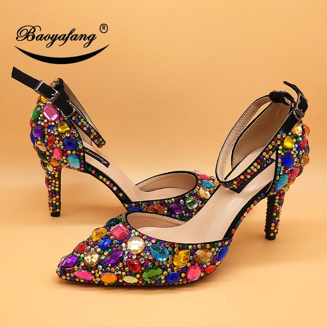 Women wedding shoes with matching bags Multicolored Crystal Thick High heels Ladies Party Dress shoes women Pumps super big size