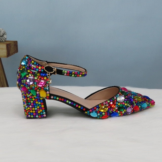 Women wedding shoes with matching bags Multicolored Crystal Thick High heels Ladies Party Dress shoes women Pumps super big size