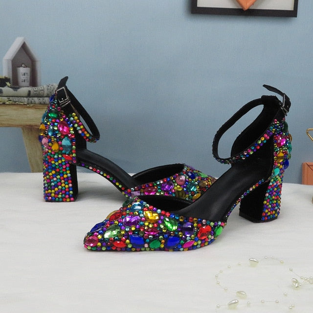 Women wedding shoes with matching bags Multicolored Crystal Thick High heels Ladies Party Dress shoes women Pumps super big size