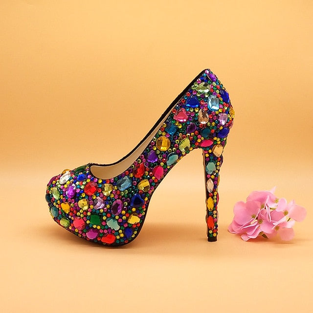 Women wedding shoes with matching bags Multicolored Crystal Thick High heels Ladies Party Dress shoes women Pumps super big size