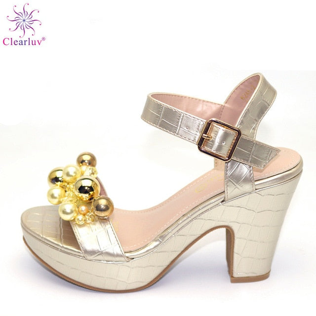 Wedding SILVER Color Peep Toe Italian shoes African shoes without bag set Comfortable Women Shoes For Parties