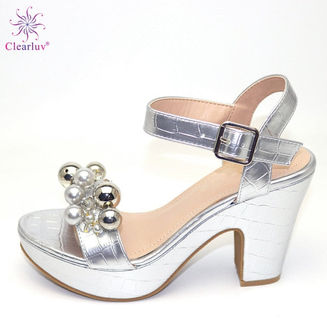 Wedding SILVER Color Peep Toe Italian shoes African shoes without bag set Comfortable Women Shoes For Parties