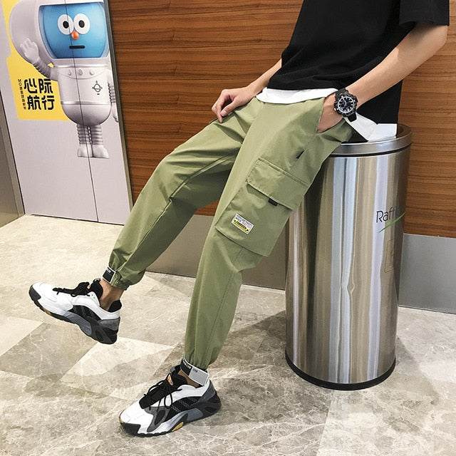 Men's Side Pockets Cargo Harem Pants 2021 Ribbons Black Hip Hop Casual Male Joggers Trousers Fashion Casual Streetwear Pants