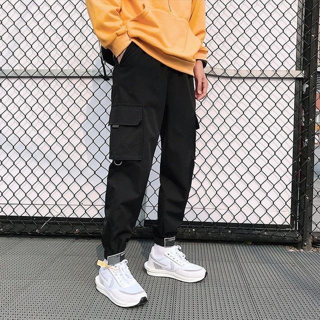 Men's Side Pockets Cargo Harem Pants 2021 Ribbons Black Hip Hop Casual Male Joggers Trousers Fashion Casual Streetwear Pants