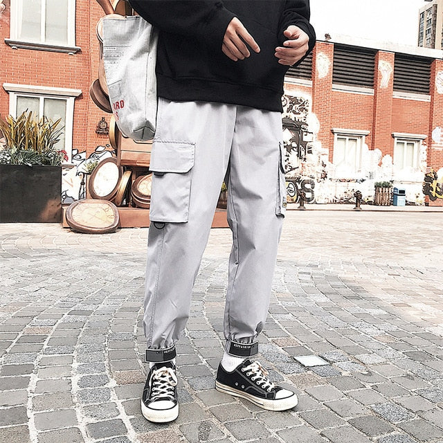 Men's Side Pockets Cargo Harem Pants 2021 Ribbons Black Hip Hop Casual Male Joggers Trousers Fashion Casual Streetwear Pants