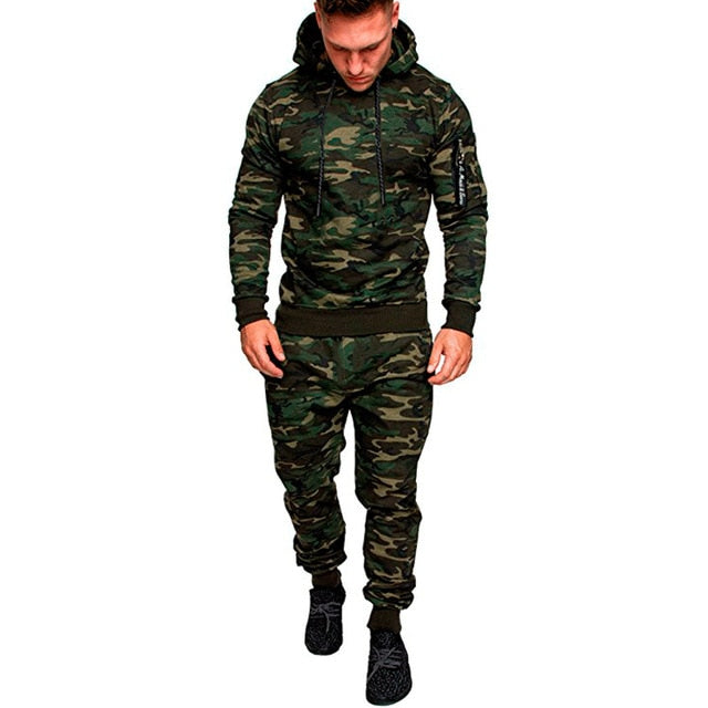 NEW Tracksuit Autumn Winter Camou Hoodies Casual Sweat Suits Drawstring Pullover Outfit Sportswear Men 2 Piece Set Plus Size