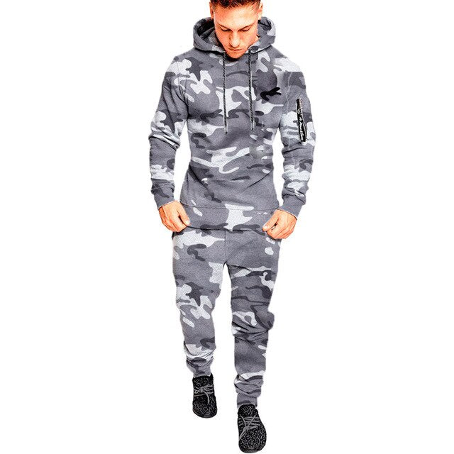 NEW Tracksuit Autumn Winter Camou Hoodies Casual Sweat Suits Drawstring Pullover Outfit Sportswear Men 2 Piece Set Plus Size