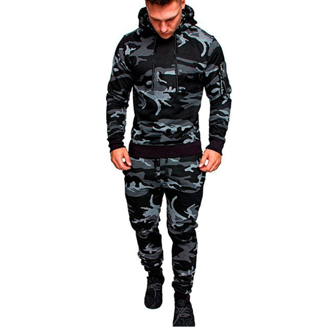 NEW Tracksuit Autumn Winter Camou Hoodies Casual Sweat Suits Drawstring Pullover Outfit Sportswear Men 2 Piece Set Plus Size