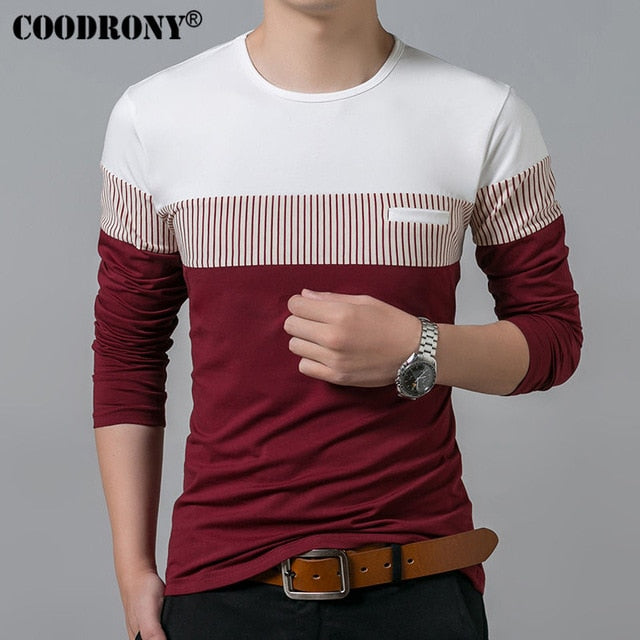 COODRONY T-Shirt Men 2020 Spring Autumn New Long Sleeve O-Neck T Shirt Brand Clothes Fashion Patchwork Pure Cotton Tee Tops 7622