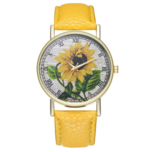 Simple Luxury PU Leather Watches Quartz Wrist Watches Sunflower Painting Women Ladies Couple Watch Clock Jewelry Popular Fi