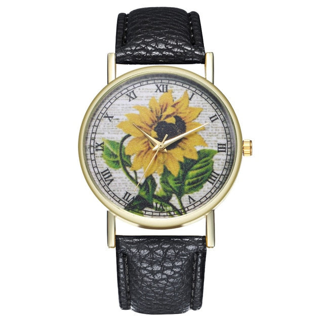 Simple Luxury PU Leather Watches Quartz Wrist Watches Sunflower Painting Women Ladies Couple Watch Clock Jewelry Popular Fi