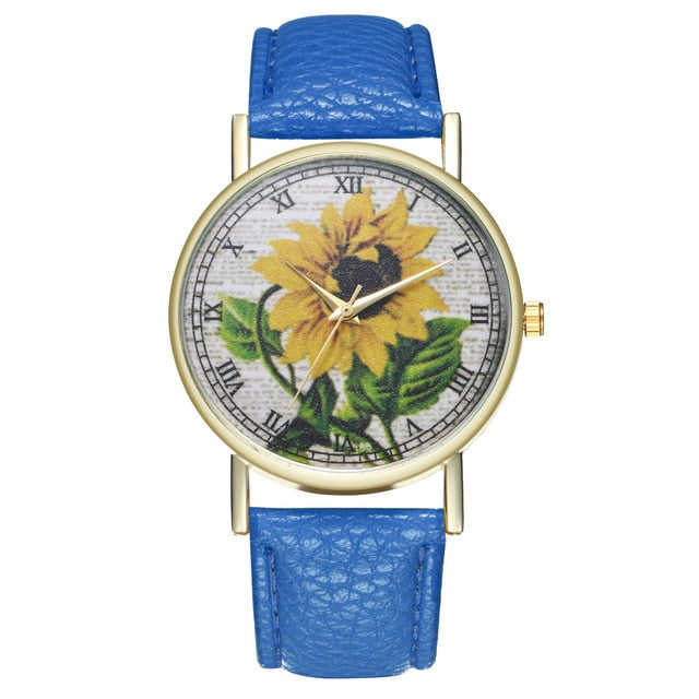 Simple Luxury PU Leather Watches Quartz Wrist Watches Sunflower Painting Women Ladies Couple Watch Clock Jewelry Popular Fi