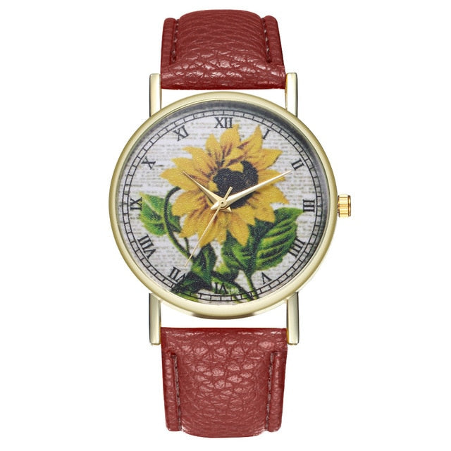 Simple Luxury PU Leather Watches Quartz Wrist Watches Sunflower Painting Women Ladies Couple Watch Clock Jewelry Popular Fi