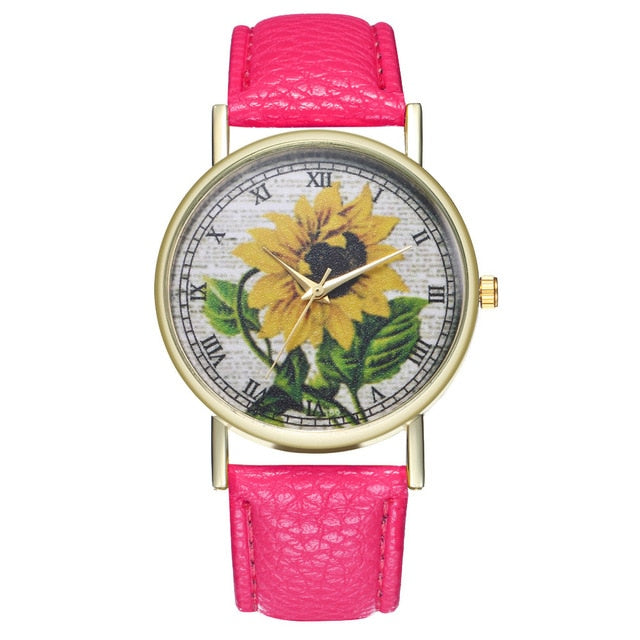 Simple Luxury PU Leather Watches Quartz Wrist Watches Sunflower Painting Women Ladies Couple Watch Clock Jewelry Popular Fi