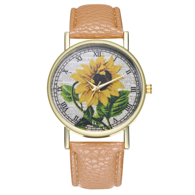 Simple Luxury PU Leather Watches Quartz Wrist Watches Sunflower Painting Women Ladies Couple Watch Clock Jewelry Popular Fi