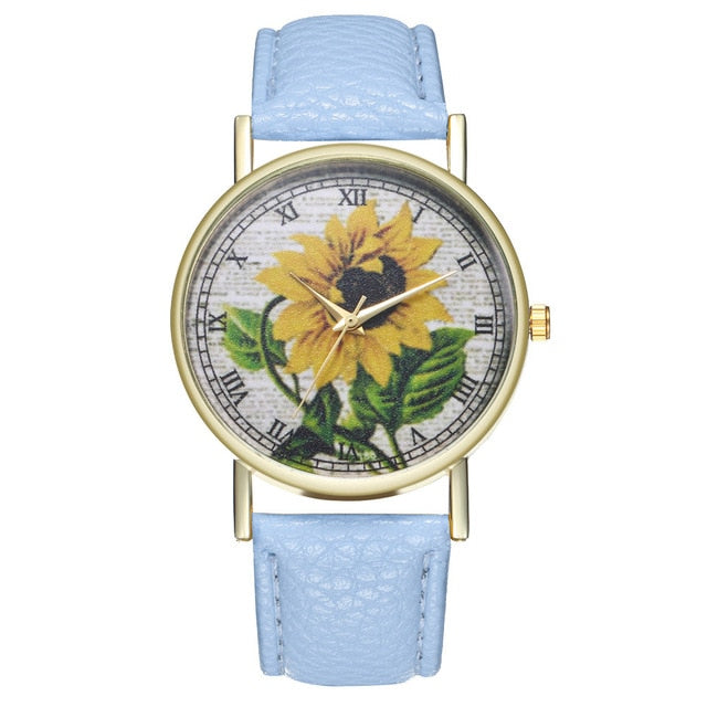 Simple Luxury PU Leather Watches Quartz Wrist Watches Sunflower Painting Women Ladies Couple Watch Clock Jewelry Popular Fi
