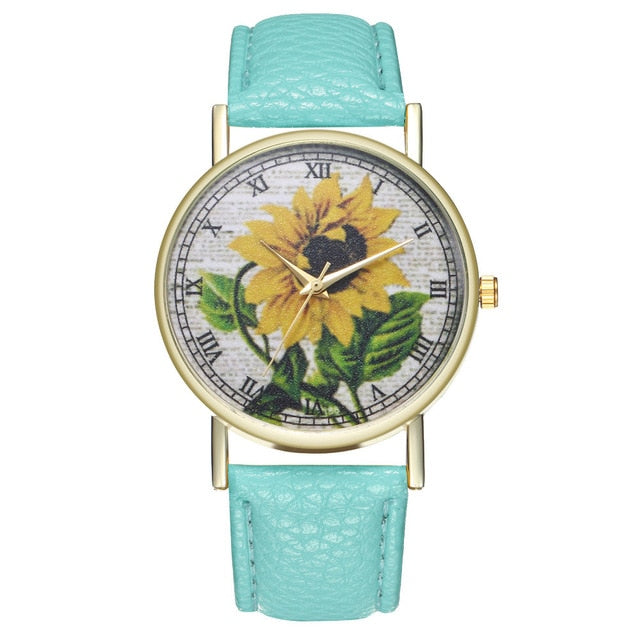 Simple Luxury PU Leather Watches Quartz Wrist Watches Sunflower Painting Women Ladies Couple Watch Clock Jewelry Popular Fi