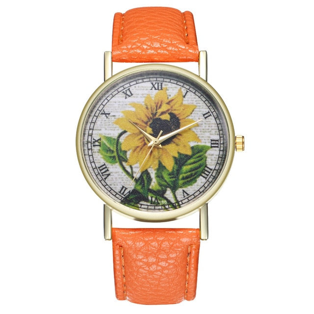Simple Luxury PU Leather Watches Quartz Wrist Watches Sunflower Painting Women Ladies Couple Watch Clock Jewelry Popular Fi