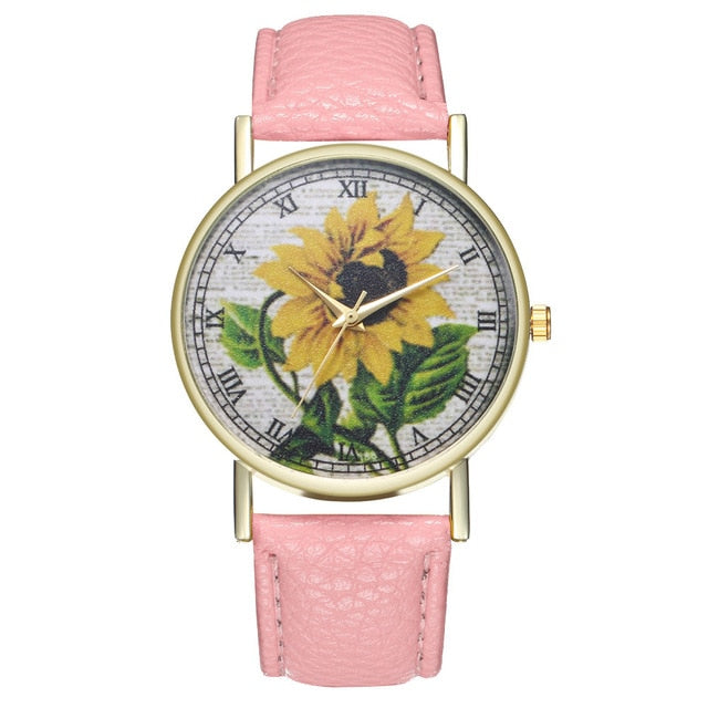 Simple Luxury PU Leather Watches Quartz Wrist Watches Sunflower Painting Women Ladies Couple Watch Clock Jewelry Popular Fi