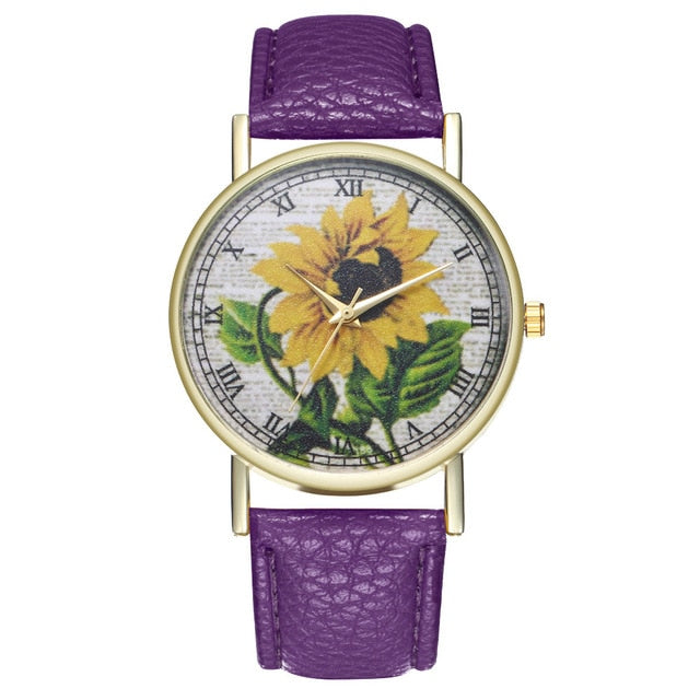 Simple Luxury PU Leather Watches Quartz Wrist Watches Sunflower Painting Women Ladies Couple Watch Clock Jewelry Popular Fi