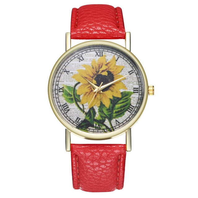 Simple Luxury PU Leather Watches Quartz Wrist Watches Sunflower Painting Women Ladies Couple Watch Clock Jewelry Popular Fi