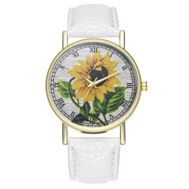 Simple Luxury PU Leather Watches Quartz Wrist Watches Sunflower Painting Women Ladies Couple Watch Clock Jewelry Popular Fi