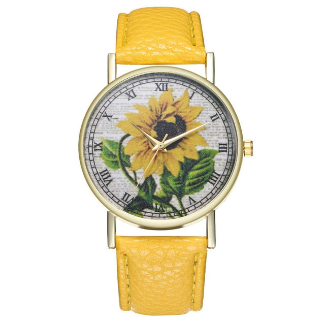 Simple Luxury PU Leather Watches Quartz Wrist Watches Sunflower Painting Women Ladies Couple Watch Clock Jewelry Popular Fi