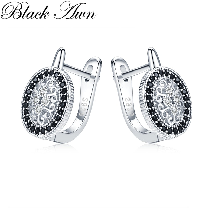 Black Awn 2020 Classic 925 Sterling Silver Round Black Trendy Spinel Engagement Hoop Earrings for Women Fine Jewelry Bijoux I149