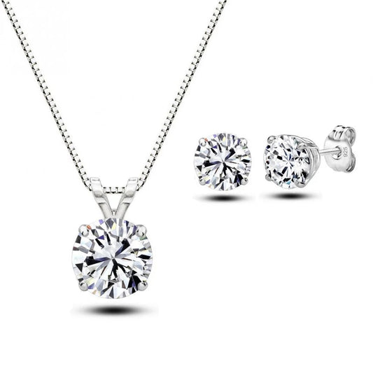 New 925 Sterling Silver Women's/Girl's CZ Crystal  Chain Necklace + Earrings Wedding Jewelry Sets Gifts