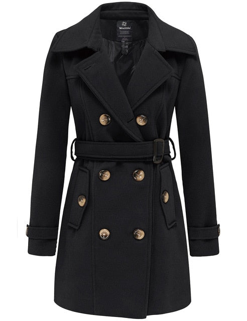 Wantdo Women Winter Trench Jacket Double Breasted Pea Coat With Belt Pockets Mid-Long Plaid Windbreaker Female Coat Outerwear