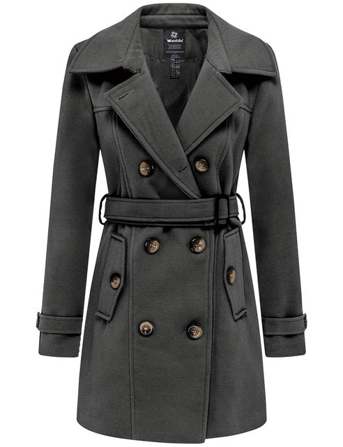 Wantdo Women Winter Trench Jacket Double Breasted Pea Coat With Belt Pockets Mid-Long Plaid Windbreaker Female Coat Outerwear