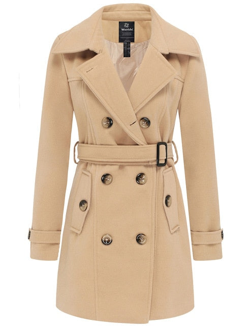 Wantdo Women Winter Trench Jacket Double Breasted Pea Coat With Belt Pockets Mid-Long Plaid Windbreaker Female Coat Outerwear