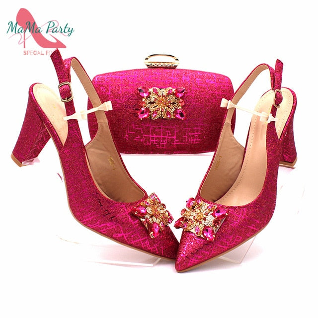 Fashionable African Shoes and Bag Set Italian Sets in Fuchsia Color Nigerian Shoes with Matching Bags for Royal Wedding Party