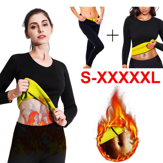 Twinso Neoprene Sauna Suit Sports Shirt + Legging Women Fitness Tights Slimming Waist Trainer Tummy Control Panties Blouse Pant