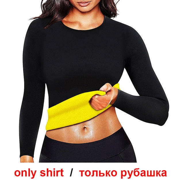 Twinso Neoprene Sauna Suit Sports Shirt + Legging Women Fitness Tights Slimming Waist Trainer Tummy Control Panties Blouse Pant