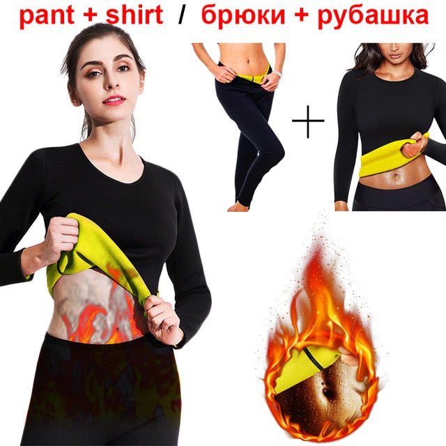 Twinso Neoprene Sauna Suit Sports Shirt + Legging Women Fitness Tights Slimming Waist Trainer Tummy Control Panties Blouse Pant