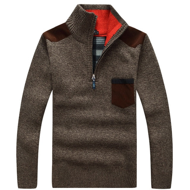 New Winter Mens Pullover Knitted Sweater Male Wool Fleece Thick Casual Pullover Patchwork Warm Pocket Sweater Standing Collar