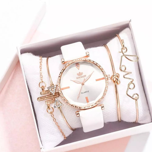5pcs Set Top Style Fashion Women's Luxury Leather Band Analog Quartz WristWatch Ladies Watch Women Dress Reloj Mujer Black Clock