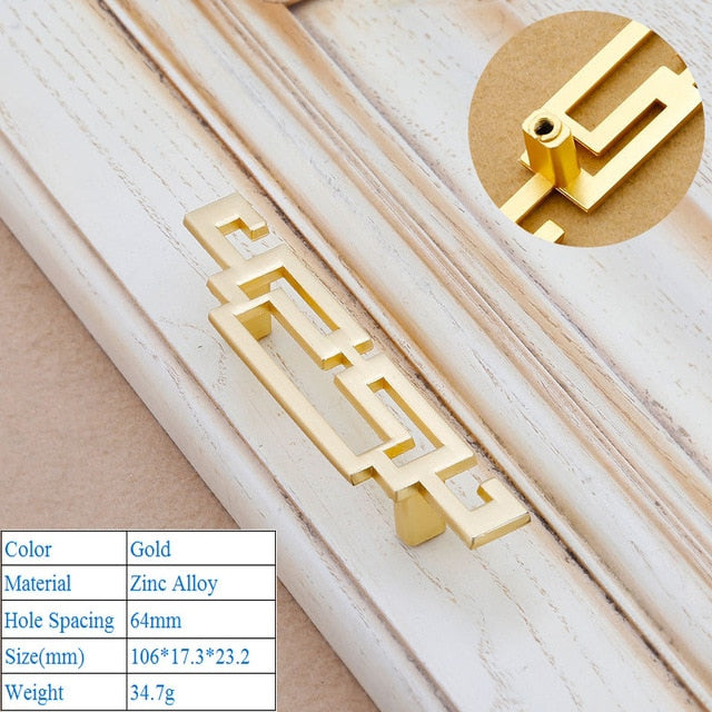 Chinese Shoe Cabinet Push Pull Door Handle Gold Imitation Copper Zinc Alloy Decorative Furniture Drawer Flush Handles