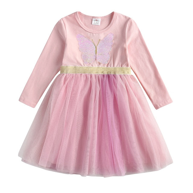 VIKITA Autumn Girls Dress Butterfly Sequins Kids Long Sleeve Dresses Baby Girls Princess Dress Party Clothes Birthday Dresses