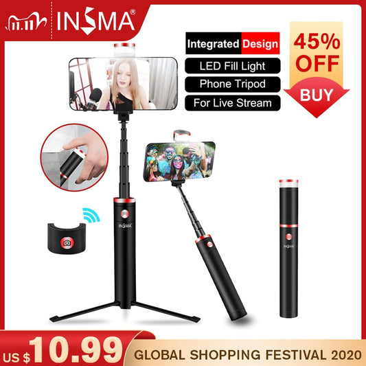INSMA All in 1 Bluetooth Selfie Stick Live Photography Dimmable Portable Phone Camera Tripod with LED Fill Ring Light Remote