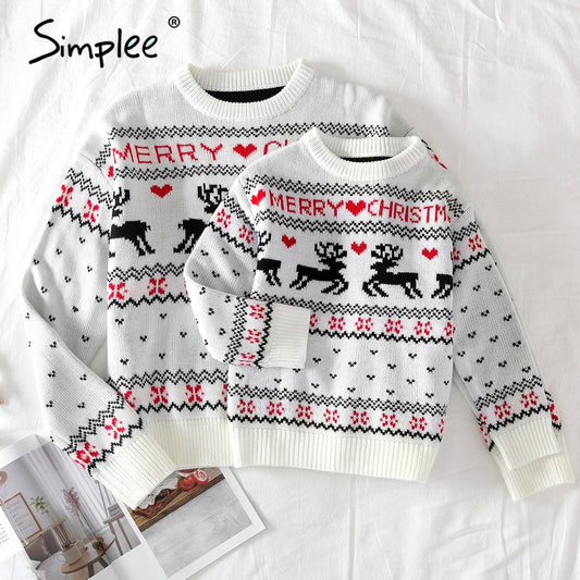 Simplee O-neck Christmas Sweater Family matching outfits Autumn winter Christmas deer print knitted pullovers 2020 New year