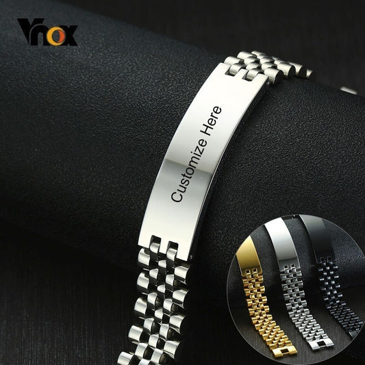 Vnox 15mm Chunky Bracelets for Men Free Engraving 3 Color Stainless Steel Watch Band with ID Bar Design Tough Man Custom Jewelry